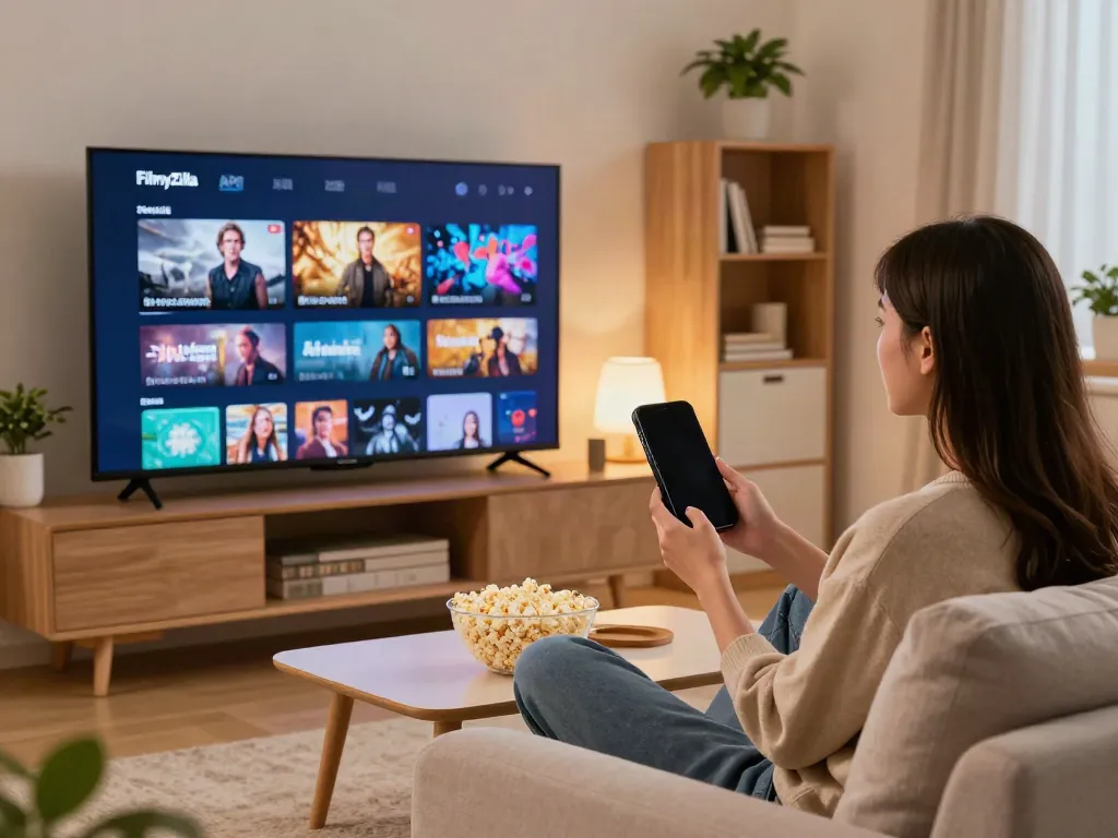 Enjoying movies on FilmyZilla APK in a cozy living room.