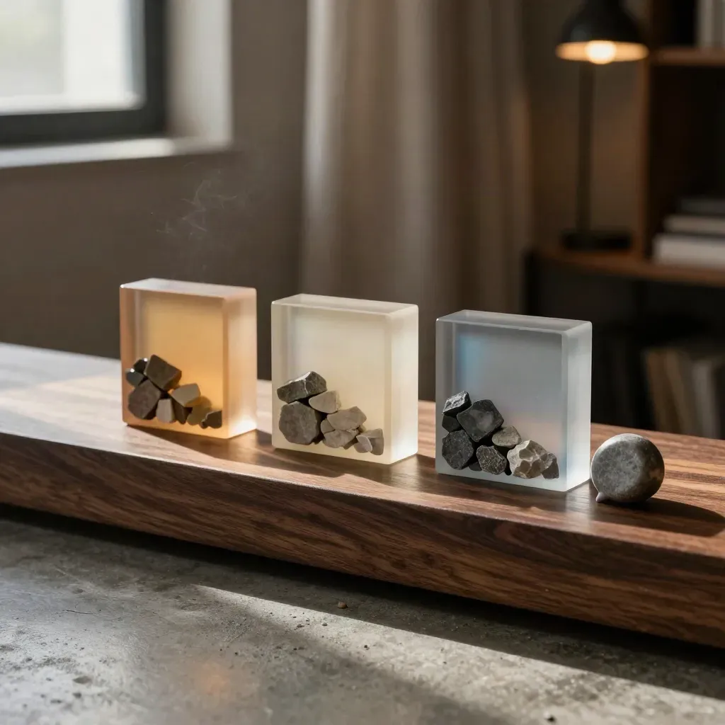 Three acrylic blocks, colour chips and a speech-mark paperweight on a warm studio ledge.