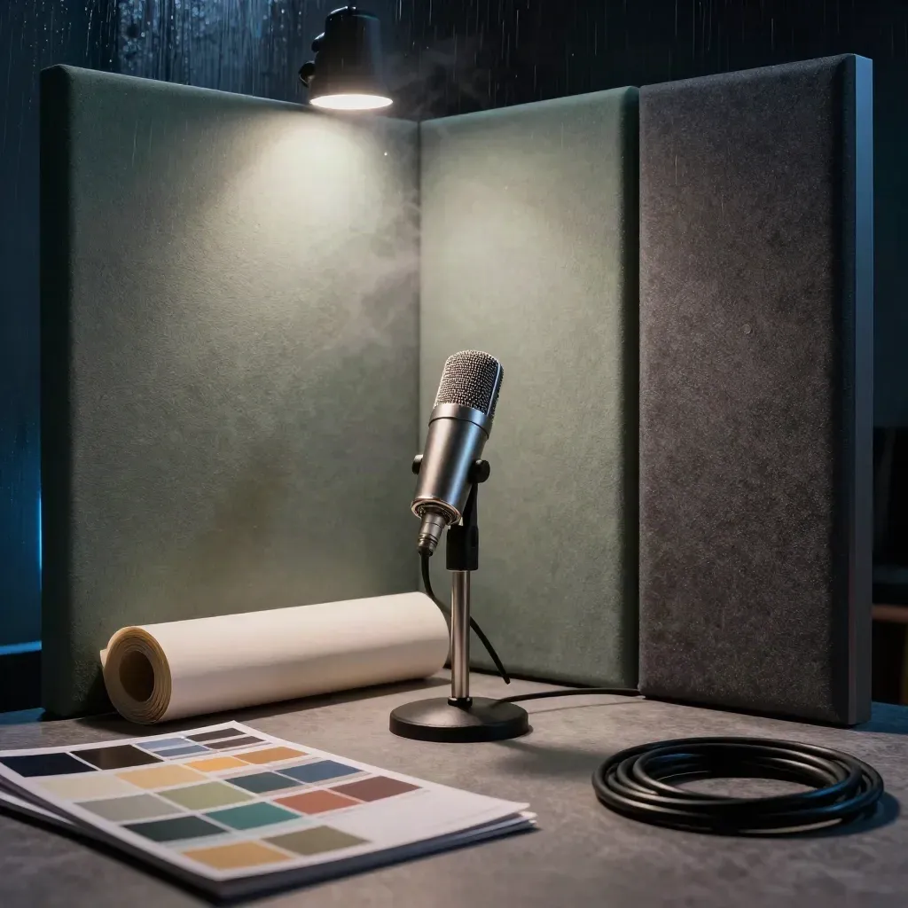 Moody broadcast studio corner with microphone, acoustic panels, swatch boards and blue-hour haze.