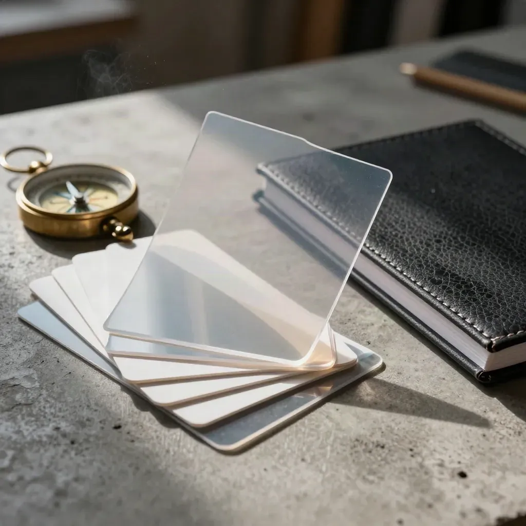 Acetate overlays, blank cards, brass compass and closed notebook layered on concrete in soft studio light.
