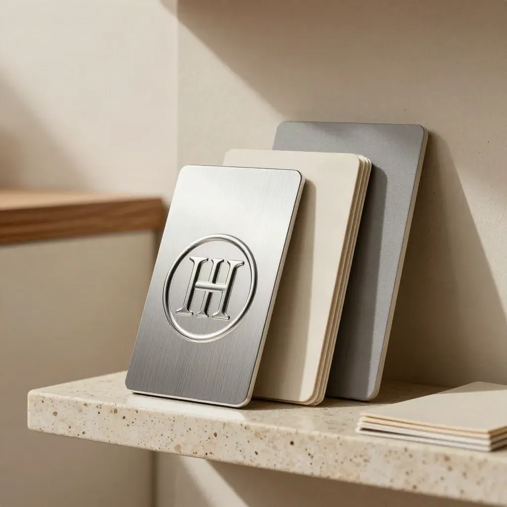 Embossed logo seal with identity chips and swatch strips on a travertine shelf in warm window light.