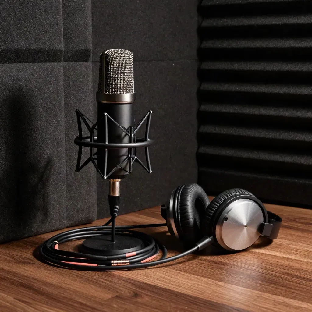 Podcast mic, headphones and coiled cable in a dark studio corner, frozen in pre-roll silence.