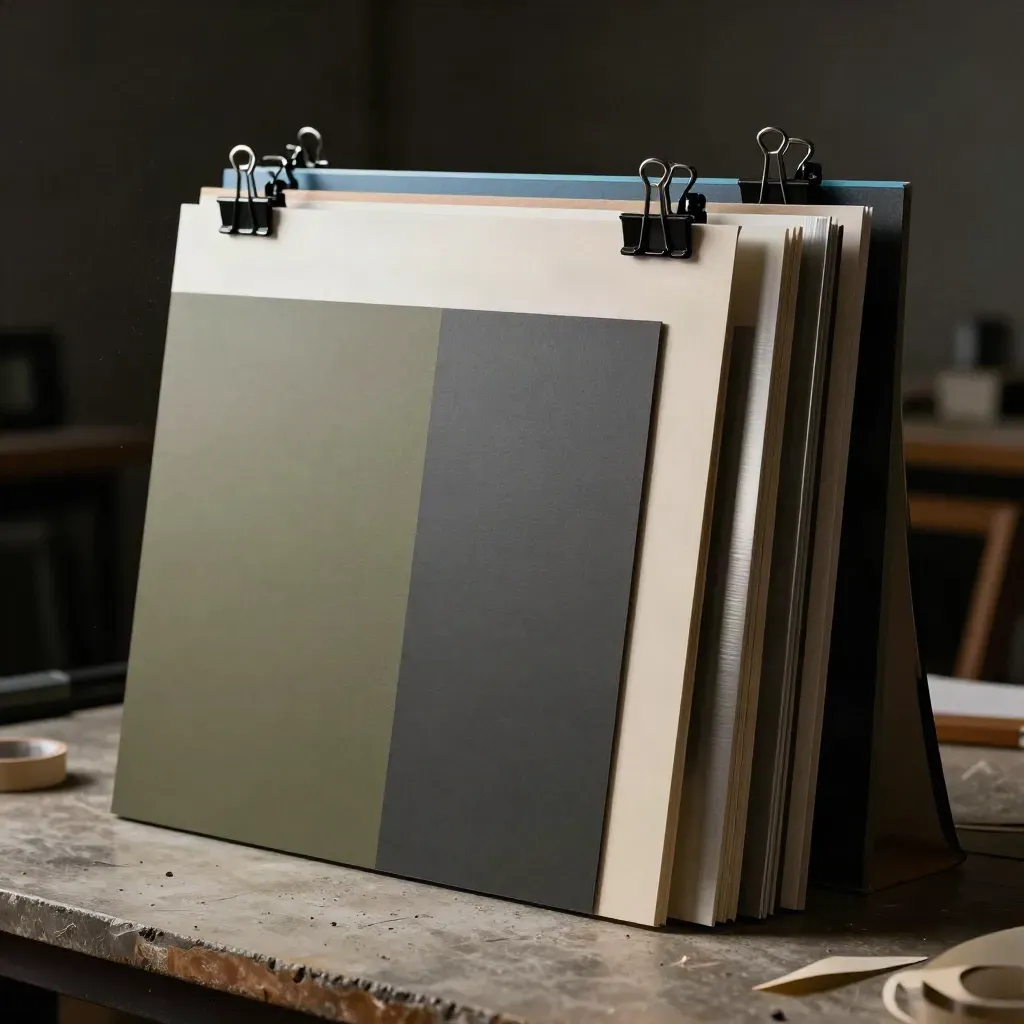 Layered campaign boards and mockup panels in a moody production studio with blue edge light.