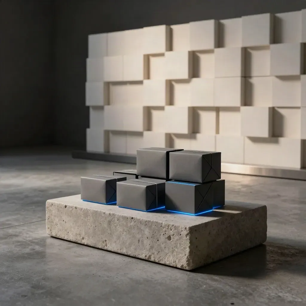 Minimal startup launch setup with pedestal, sealed sample boxes, and glowing abstract wall in moody light