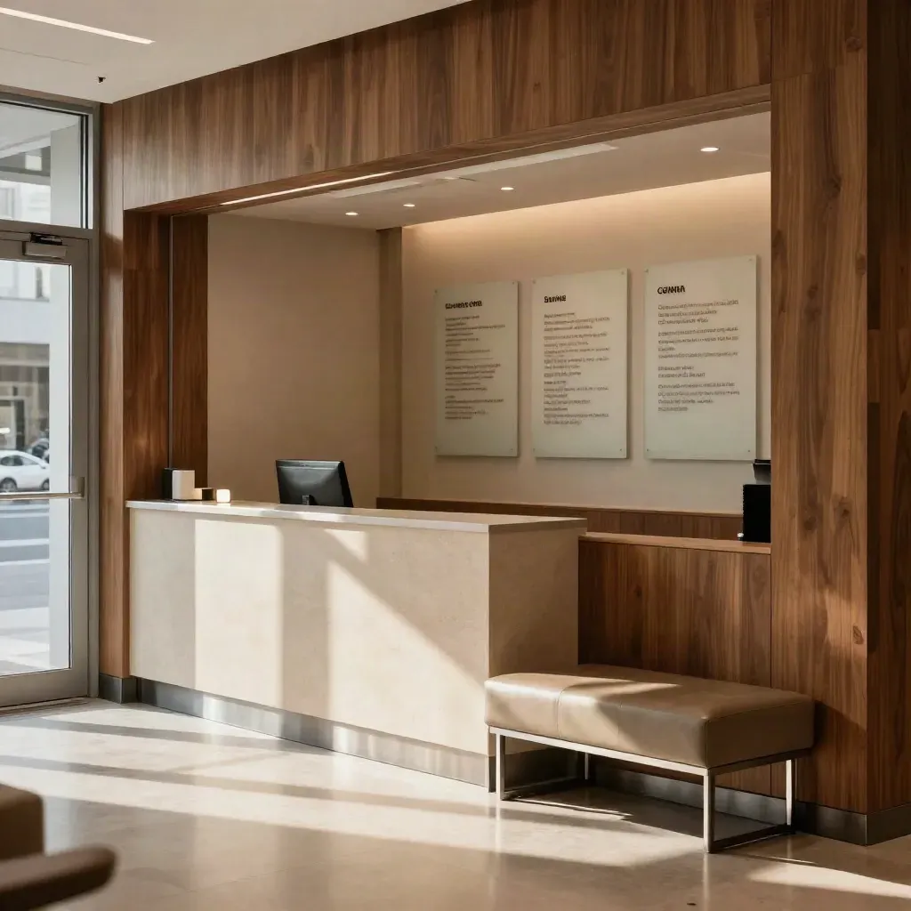 Warm clinic reception with wood, frosted glass wayfinding, and a polished check-in counter