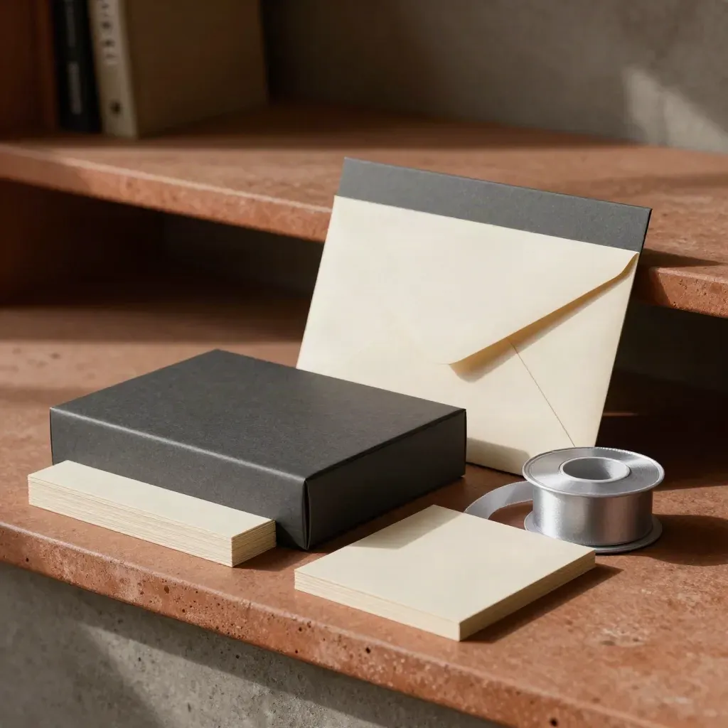 Matte launch kit with box, cards, ribbon spool, and proof envelope on a studio shelf.