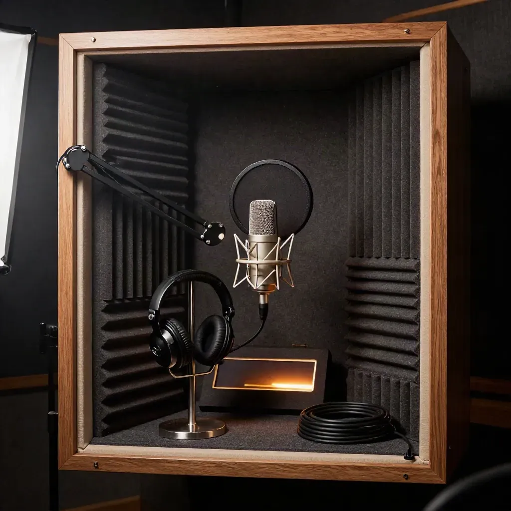 Podcast booth ready between episodes with mic, headphones, acoustic panels, and glowing console.