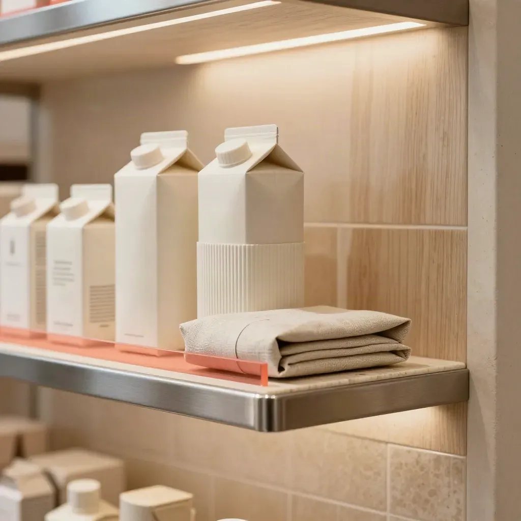 Macro of refined retail packaging on travertine with steel shelf light and a soft coral accent.