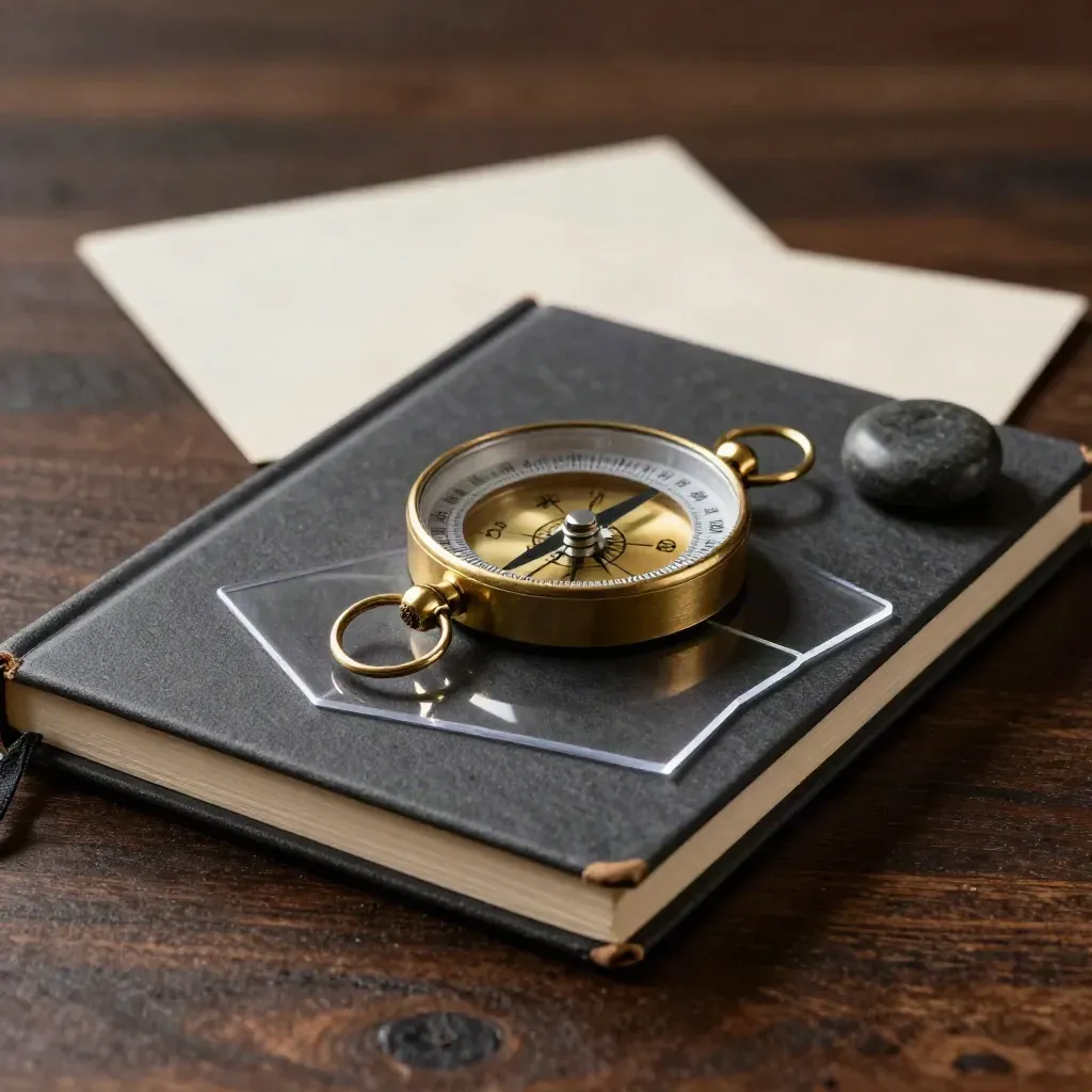 Brass compass, acetate overlays, charcoal notebook and stone paperweight on dark oak under dramatic light.