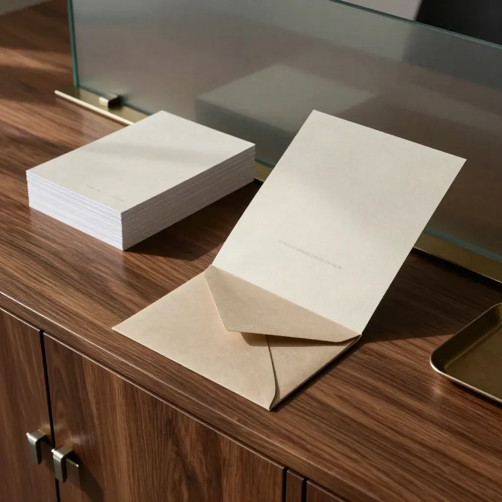 Presentation folios and sample cards align on a credenza in soft motion, lit by haze.