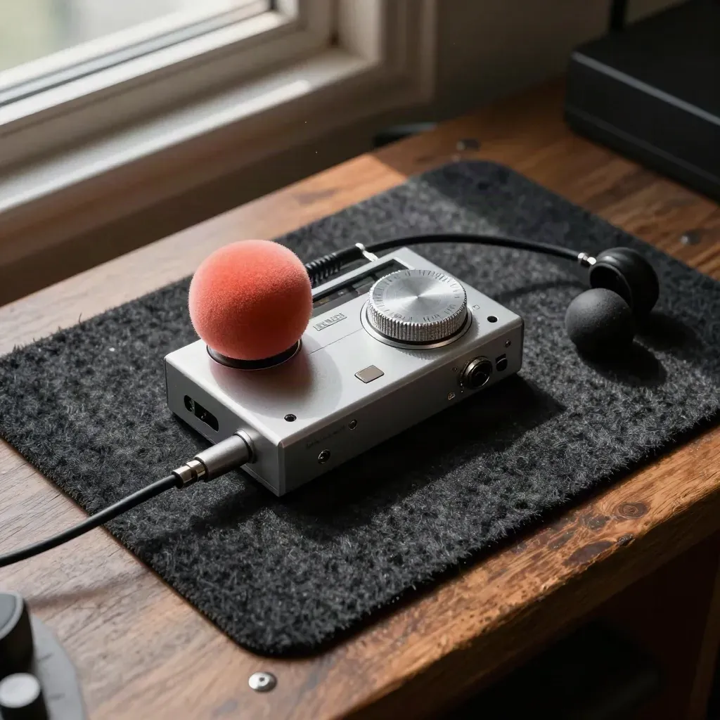 Top-down audio recorder kit on felt with coral windscreen and coiled cable.