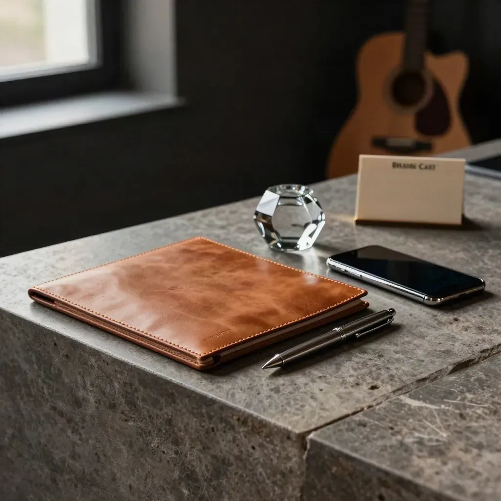 Leather folio, pen, glass paperweight and phone on a stone ledge in low studio light.