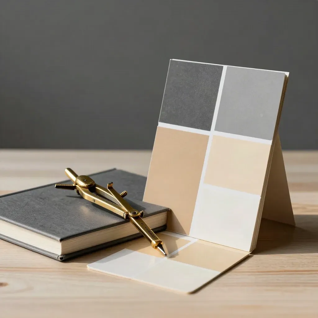 Brass compass, charcoal notebook, and swatch cards on pale wood in soft side light.