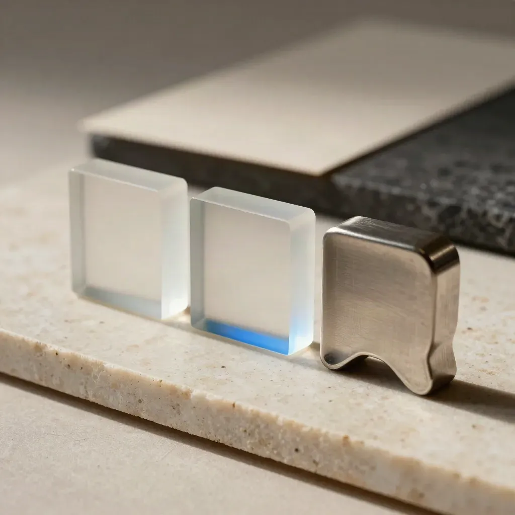 Frosted acrylic message blocks and a speech-mark paperweight on pale stone in warm sidelight