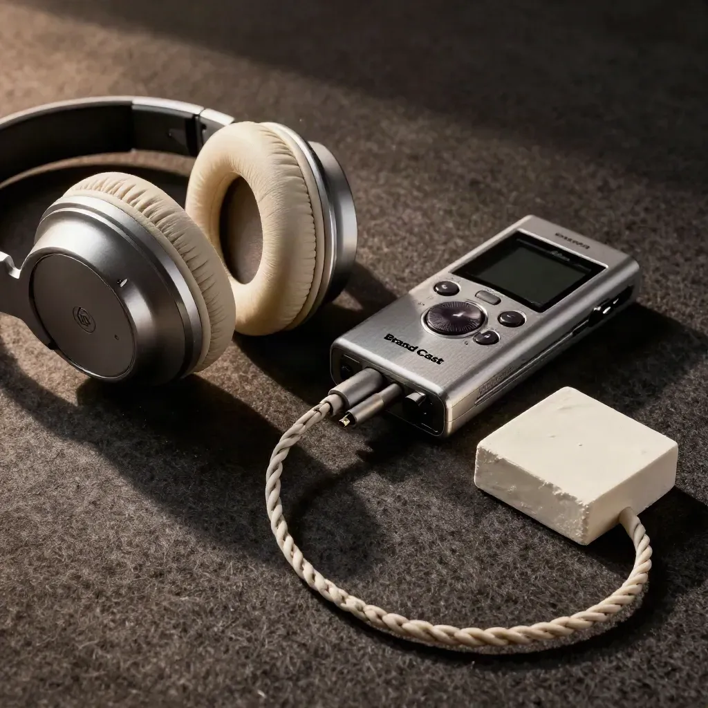 Silver earcup, audio recorder, and looped cream cable on felt in warm side light.