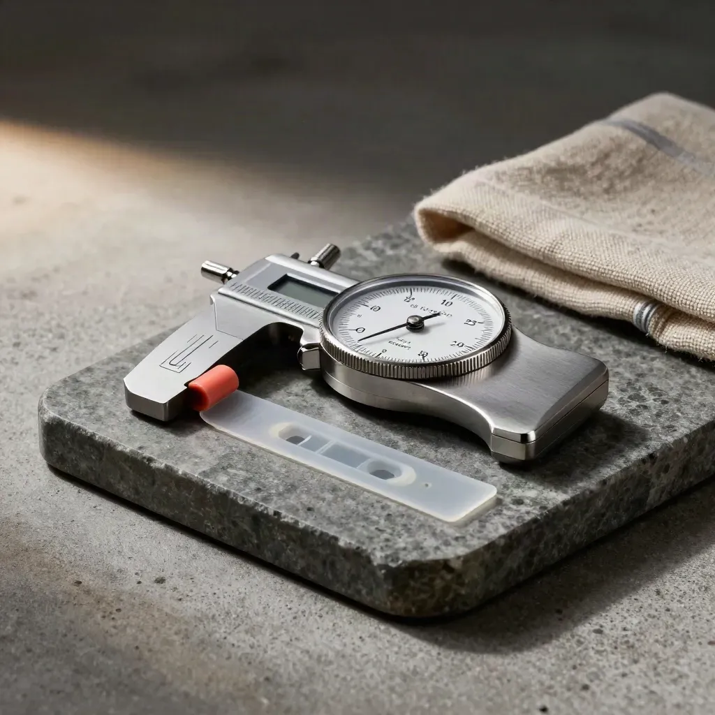 Silver dial, coral tab, and frosted strip on a stone tray with linen cloth.