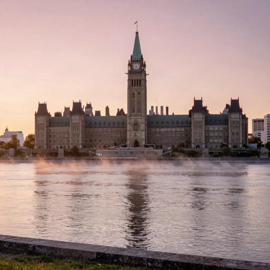 Parliament Hill over the Ottawa River at golden hour with mist and rose-gold sky