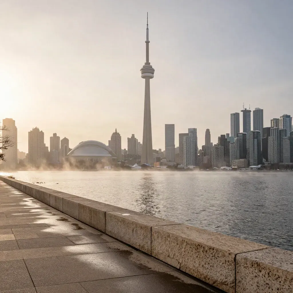 Toronto skyline with CN Tower over a misty waterfront at dawn