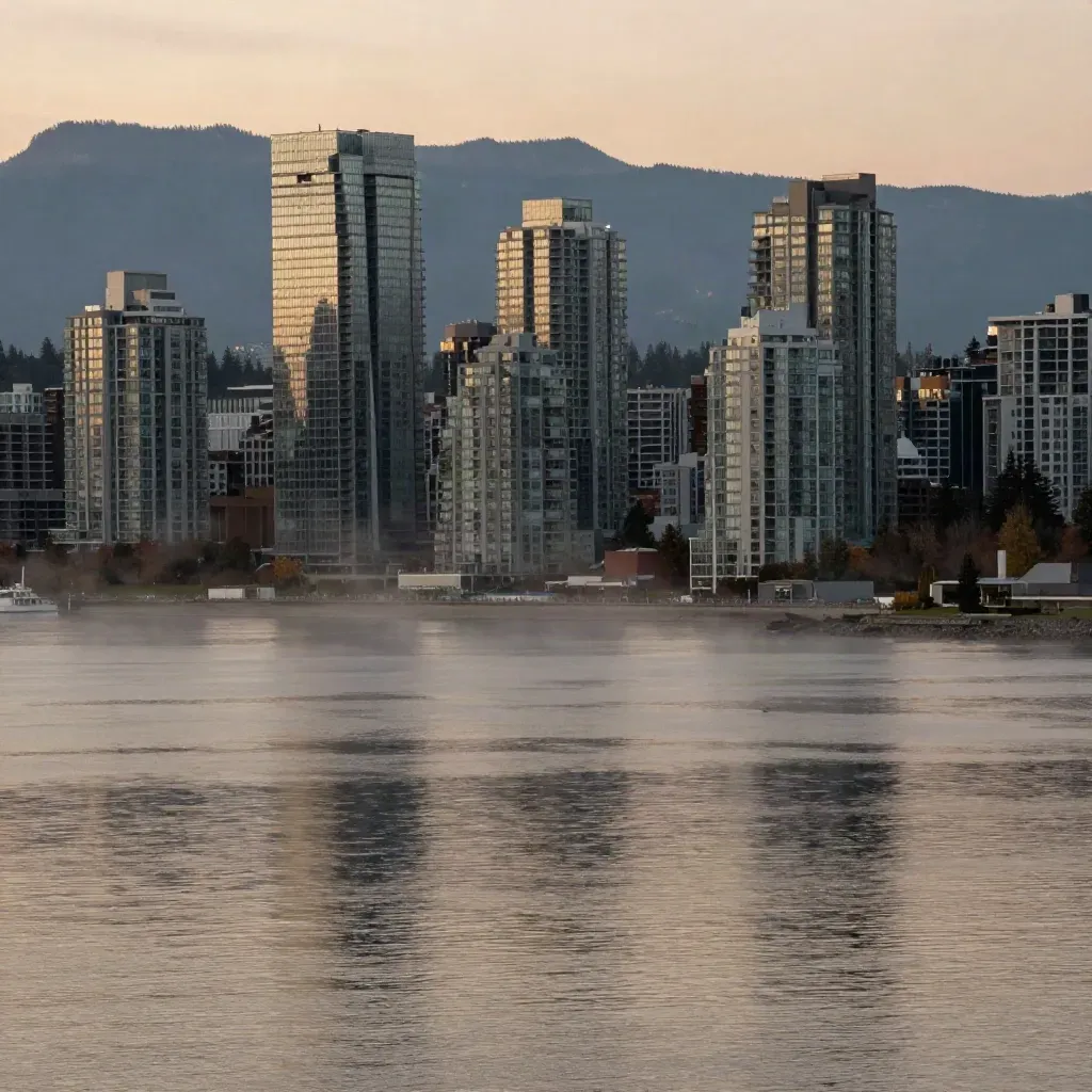 Vancouver skyline glowing above a misty inlet with mountains in the distance.