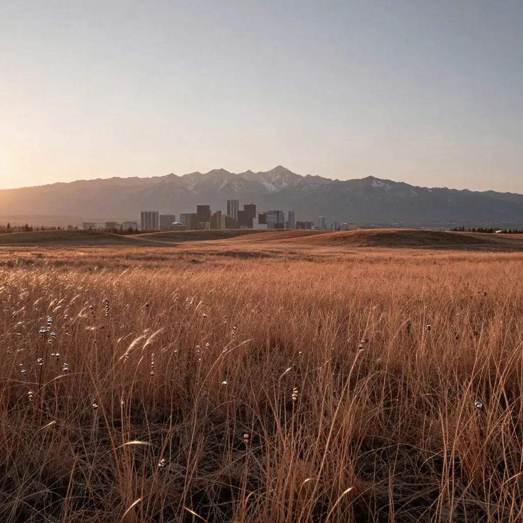 Calgary skyline and Rockies above quiet prairie grassland at sunset
